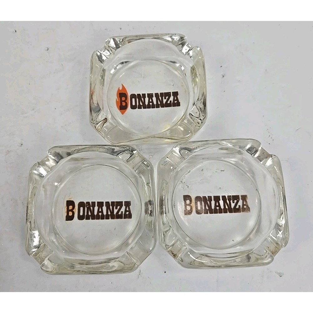 3 Vintage Bonanza Steak House Restaurant Flaming "B" Square Clear Glass Ashtrays